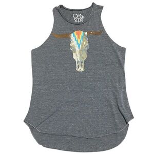Chaser Women’s Tank Top with Colorful Graphic Bull Skull Design Gray Size Medium